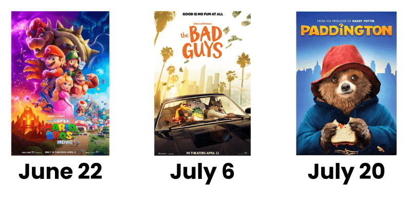 Family movies this summer - The Super Mario Bros Movie on June 22, The Bad Guys on July 6, and Paddington on July 20