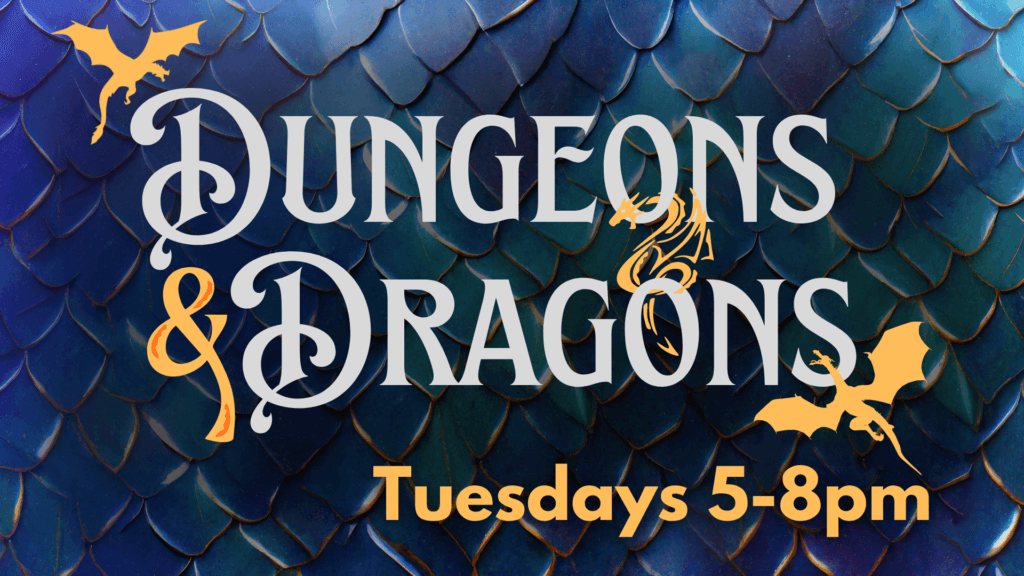 Dungeons and Dragons with blue-green scaly background and yellow dragon silhouettes