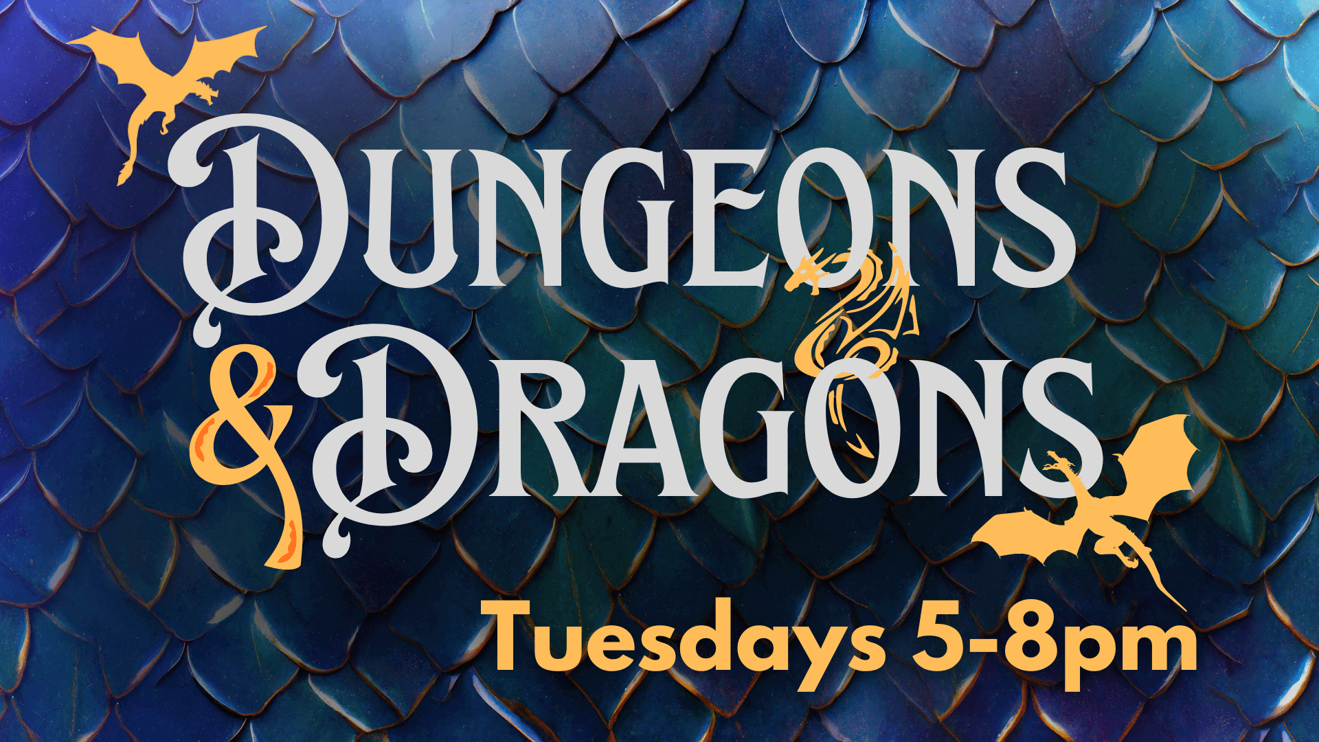 Dungeons and Dragons with blue-green scaly background and yellow dragon silhouettes