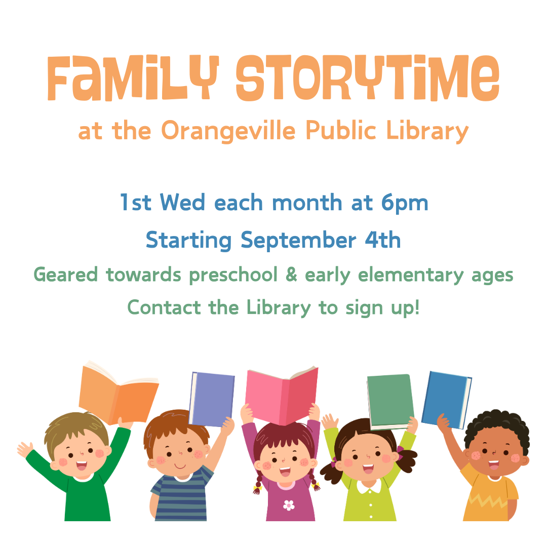 A flyer with cartoon illustrations of smiling children holding books. The text promotes Family Storytime on the first Wednesday of each month at 6 PM, starting September 4th, aimed at preschool and early elementary ages. The flyer encourages contact with the library for signup details.