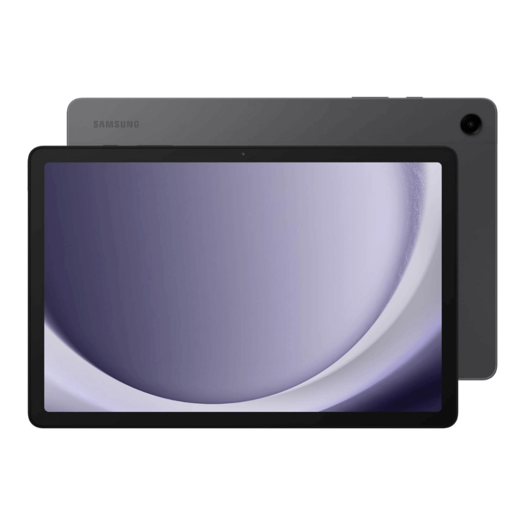 A sleek, modern Samsung Galaxy Tab A9 tablet in gray, featuring a large, clear display with slim bezels, shown with a slight overlap of its back panel, highlighting its minimalistic design.