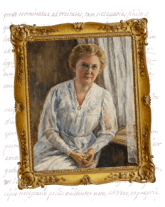 Portrait of Sarah Van Tassel, one of the founders of the Bloomsburg Public Library. She is seated by a window, wearing a white lace dress, framed in an ornate gold frame. Handwritten script in a decorative font appears faintly in the background.