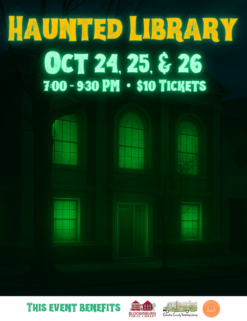 The library at night with glowing green windows. Haunted Library is on Oct 24, 25, and 26 from 7-9:30pm. $10 Tickets. Benefits the partner libraries.