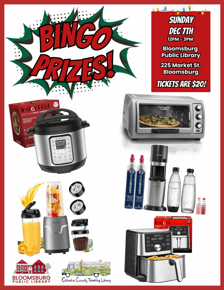 Promotional poster for a library bingo event featuring kitchen appliances. The prizes shown are: an Instant Pot multi-cooker, a Hamilton Beach countertop toaster oven, a blender/smoothie maker, a SodaStream carbonating machine with bottles and flavor syrups, and an Instant Pot air fryer.