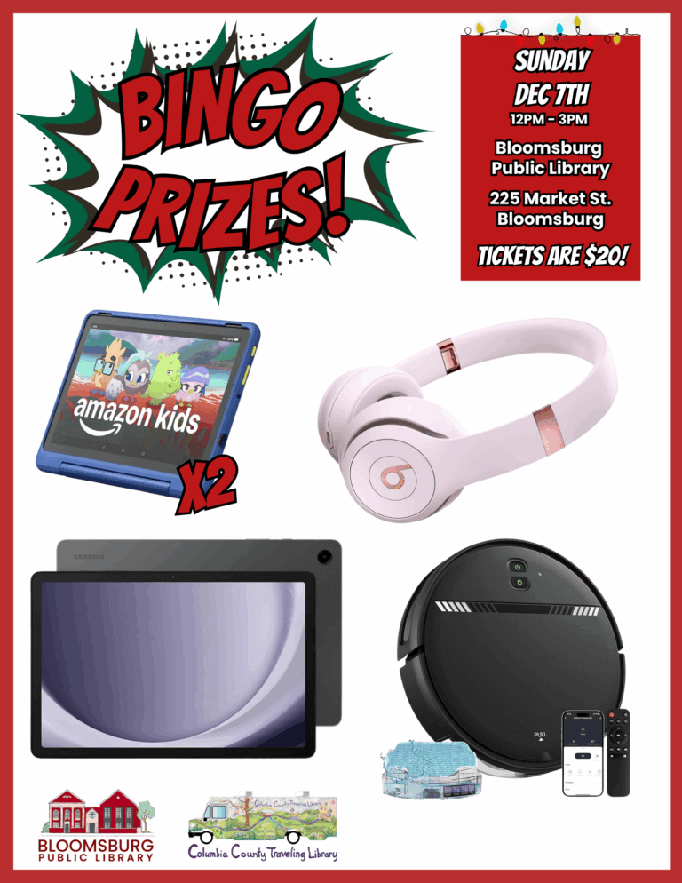 Promotional poster for a library bingo event. The prizes shown are: two Amazon Kids tablets, a pair of pink wireless Beats headphones, a Samsung Galaxy tablet, and a black robot vacuum cleaner.