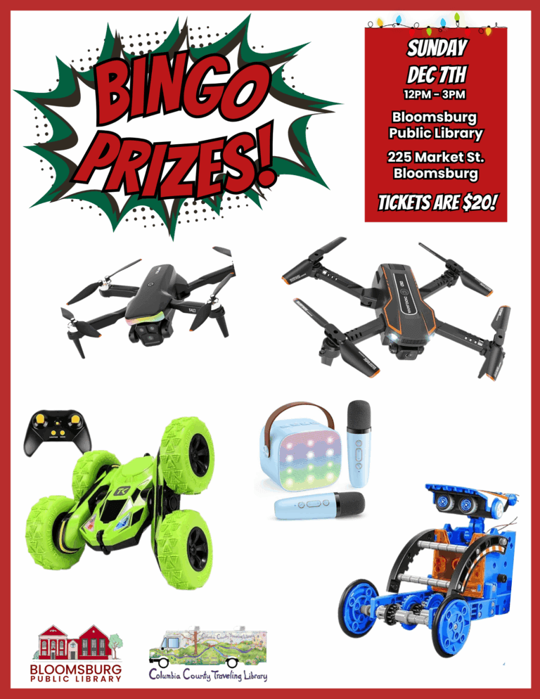 Promotional poster for a library bingo event featuring remote-controlled items. The prizes shown are: two black camera drones, a green remote-controlled stunt car, a portable Bluetooth karaoke machine with two microphones, and a blue and orange buildable robot kit.