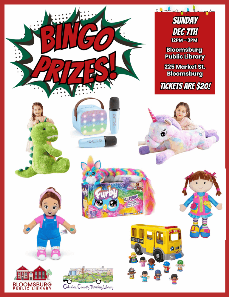 Promotional poster for a library bingo event featuring toys. The prizes shown are: a large plush dinosaur, a portable Bluetooth karaoke machine with two microphones, a large plush unicorn, a Furby DJ Furby toy, a doll in pink overalls, and a yellow toy school bus with small figures.