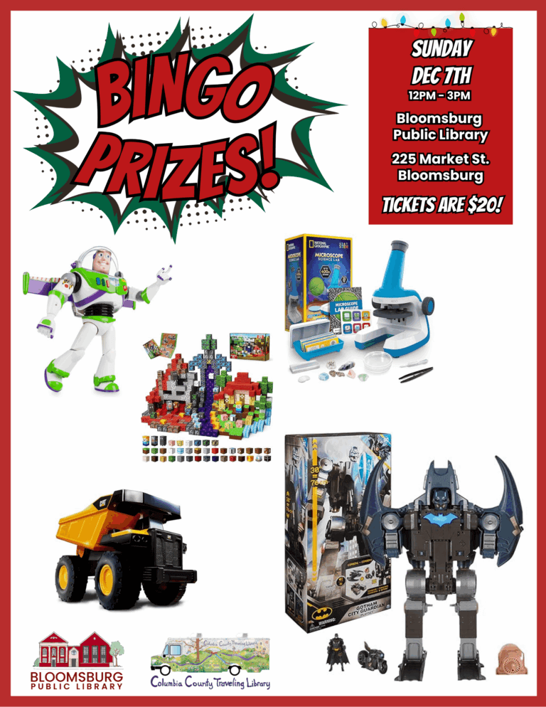 Promotional poster for a library bingo event featuring toys. The prizes shown are: a large Buzz Lightyear action figure, a National Geographic microscope and science kit, a pile of colorful building blocks, a yellow dump truck toy, and a large transforming Batman figure with a smaller pilot figure.