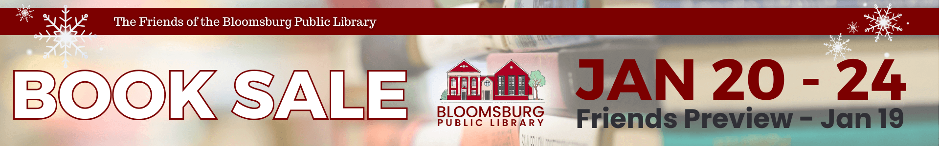 Poster advertising a Book Sale to be held from January 20th to the 24th. The Friends Preview is Jan 19.