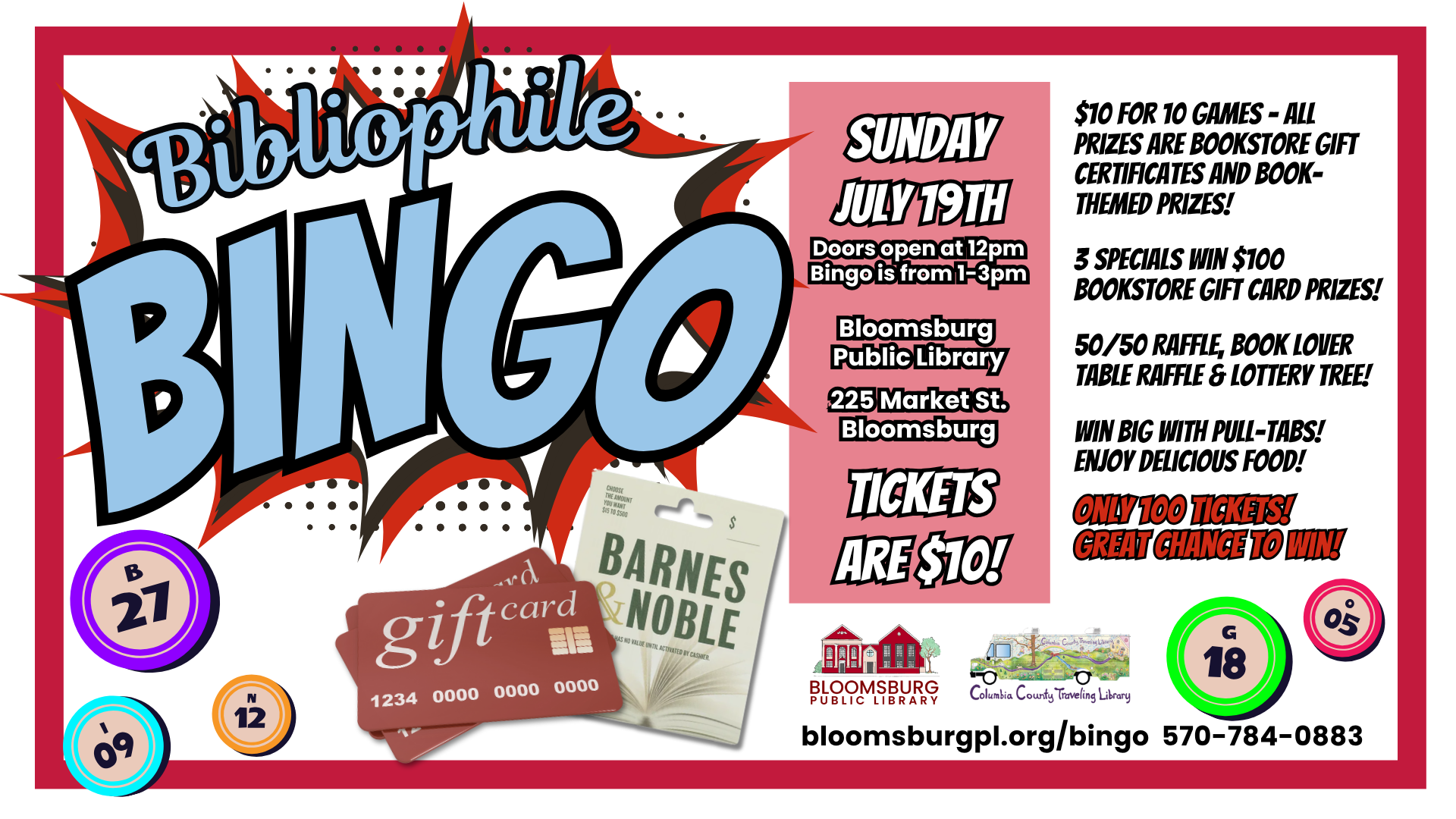 A graphic with Information about the July 19 Bibliophile - the same information that is on the webpage.
