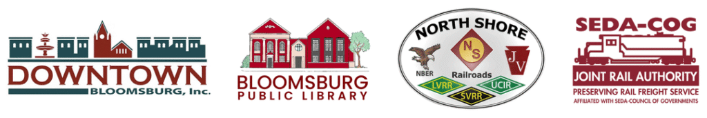 Logos for Downtown Bloomsburg Inc, the Bloomsburg Public Library, North Shore Railroad, and SEDA-COG