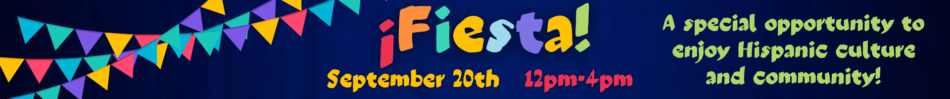 Fiesta event promotional header for the Bloomsburg Public Library featuring colorful banner flags and event details for September 20th, 12pm–4pm.