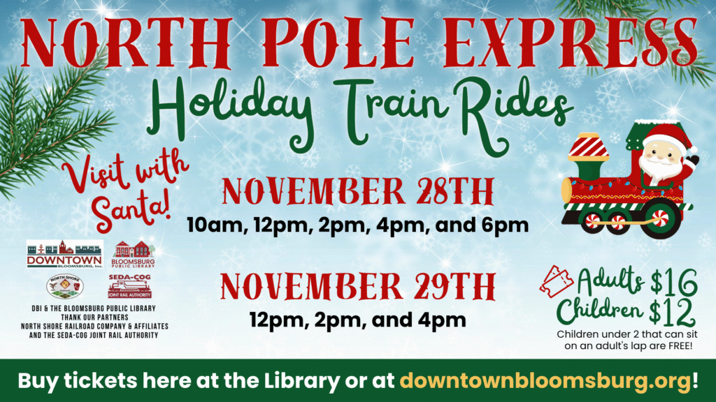 Event flyer for "North Pole Express Holiday Train Rides" featuring visits with Santa on November 28th (10am, 12pm, 2pm, 4pm, 6pm) and November 29th (12pm, 2pm, 4pm). Tickets are $16 for adults, $12 for children, and free for children under 2 sitting on an adult's lap.